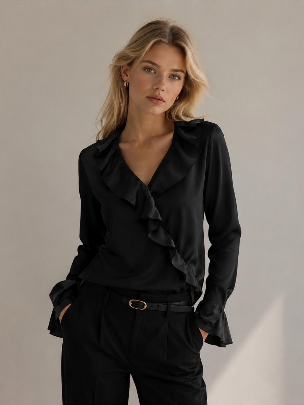 Cinq a Sept Women's Black Ruffle V-Neck Blouse